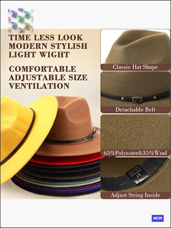 12 Pcs Felt Panama Hats with Belt Buckle - Adjustable Vintage Wool Brim Hats